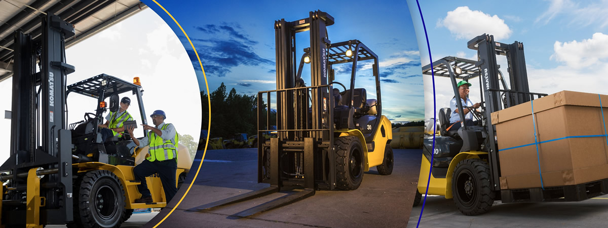three part picture of forklifts 
